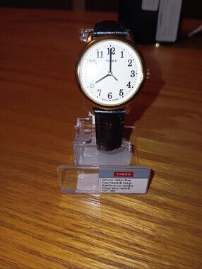 Timex Gold-Tone Case White Dial Black Leather Strap Watch. New In Box.